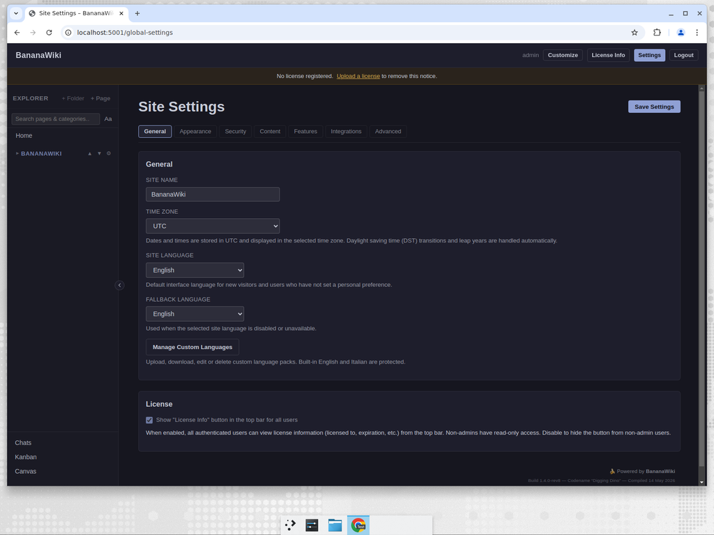 BananaWiki admin site settings with tabbed configuration