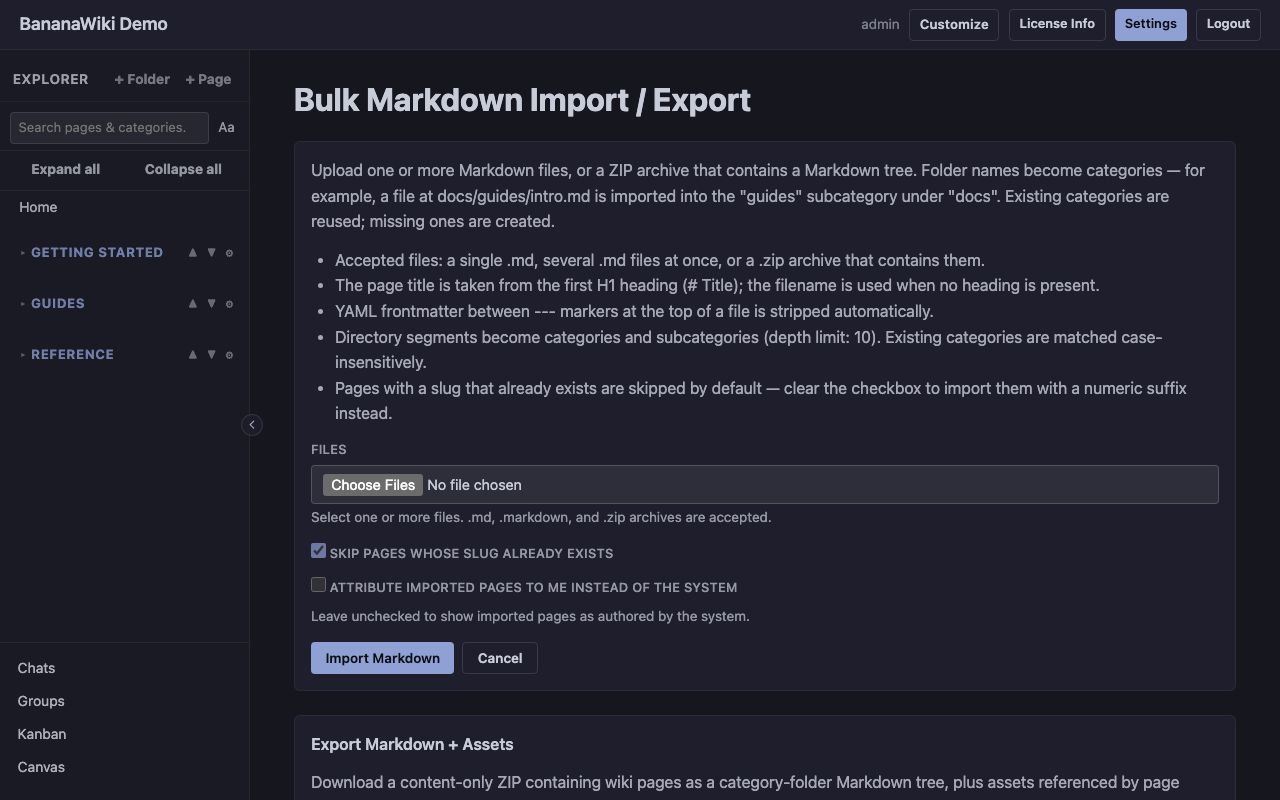 BananaWiki Bulk Markdown screen with import controls and Markdown plus assets export