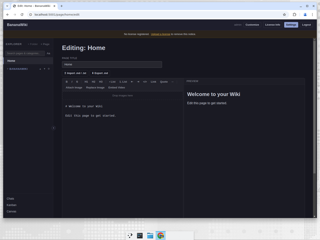 BananaWiki split-pane Markdown editor with live preview