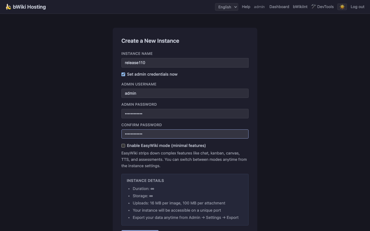 bWiki Hosting new instance creation form