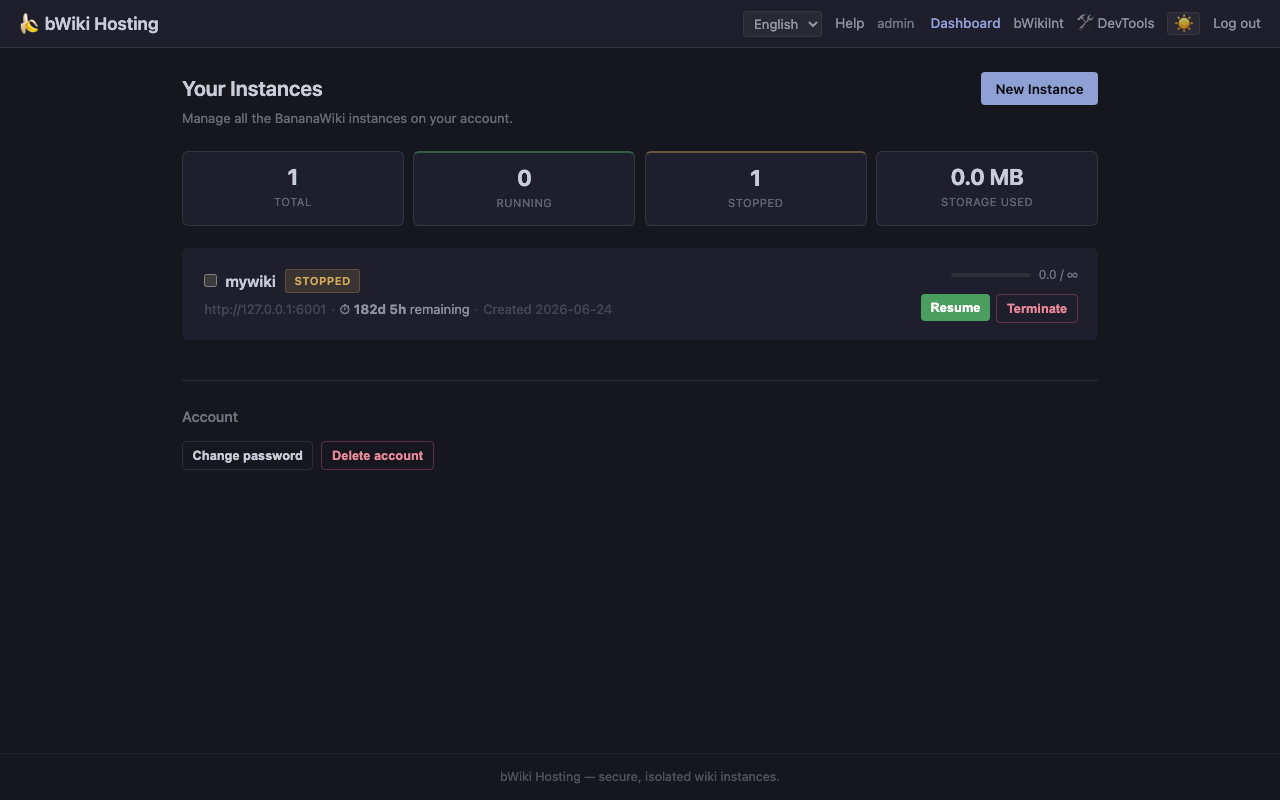 bWiki Hosting dashboard showing user instances, health status, and storage stats