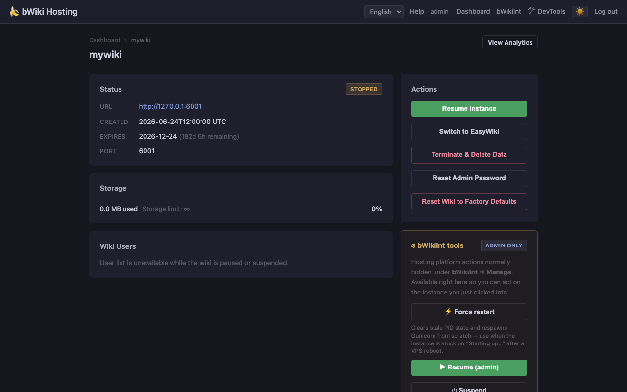 bWiki Hosting instance detail page with status, admin tools, and analytics link