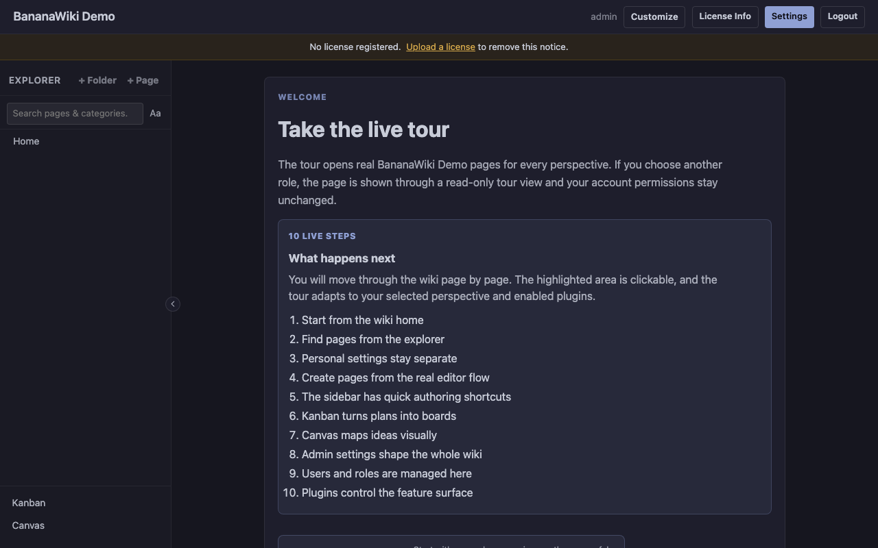 BananaWiki intro page for starting the live guided tour