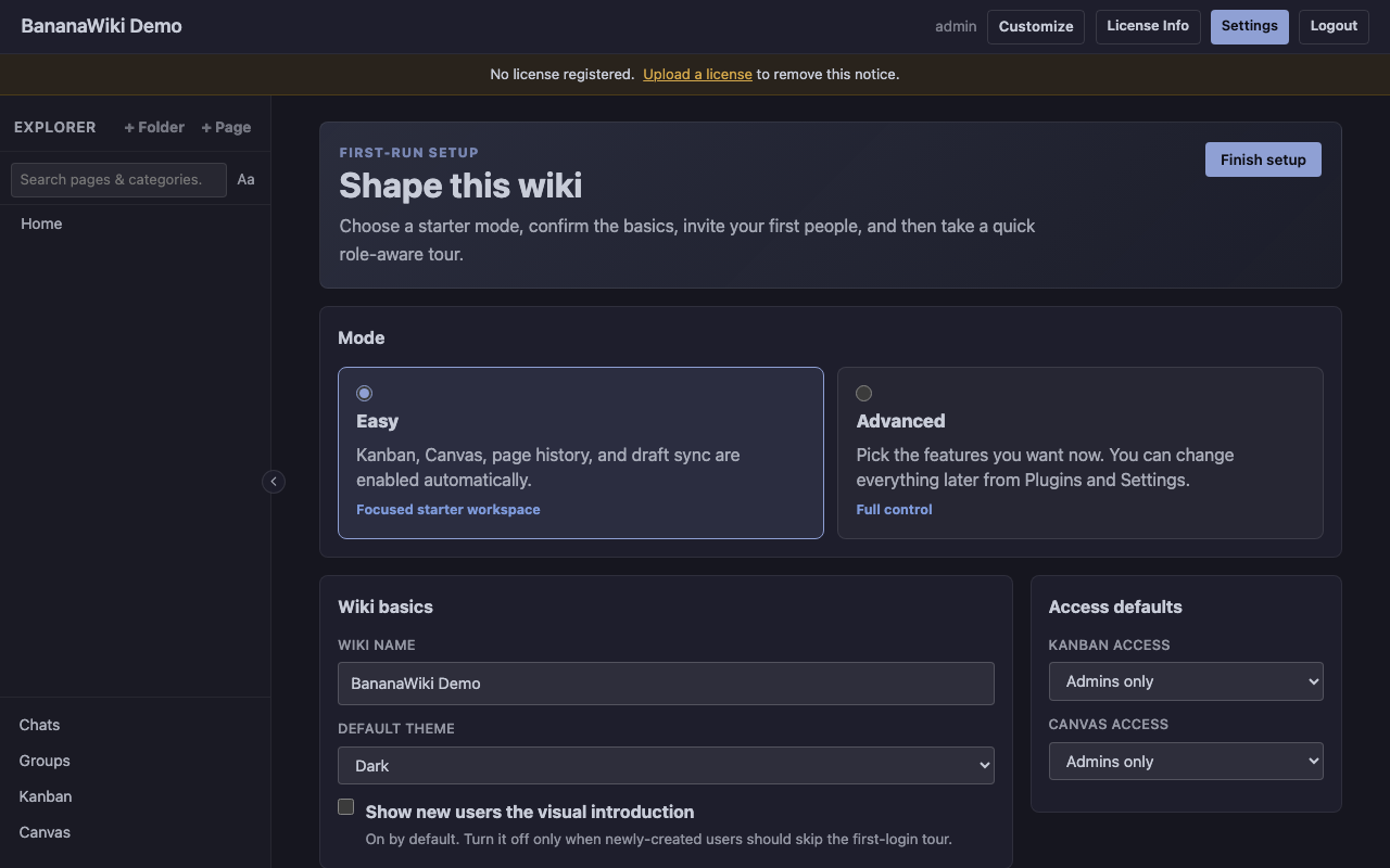 BananaWiki onboarding setup screen with Easy and Advanced starter modes
