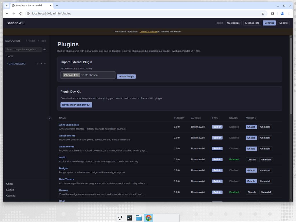 BananaWiki plugins management page showing 25 built-in plugins