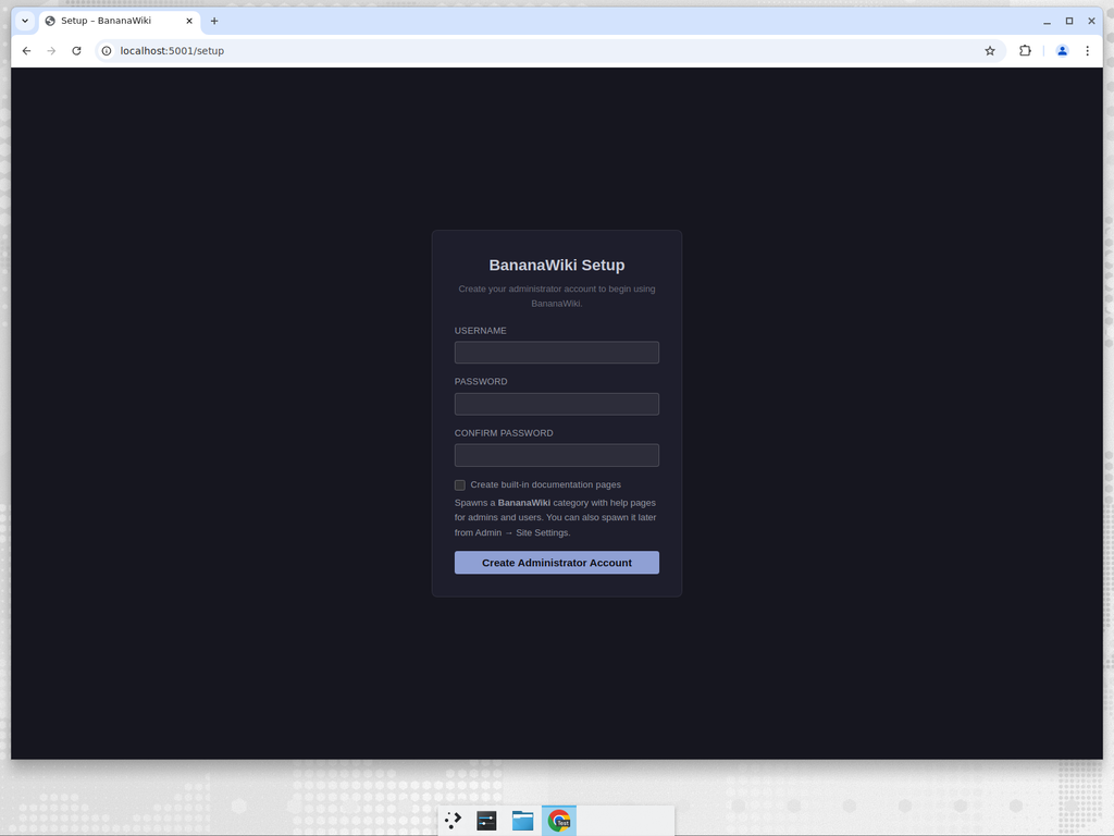 BananaWiki setup wizard for creating the first administrator account
