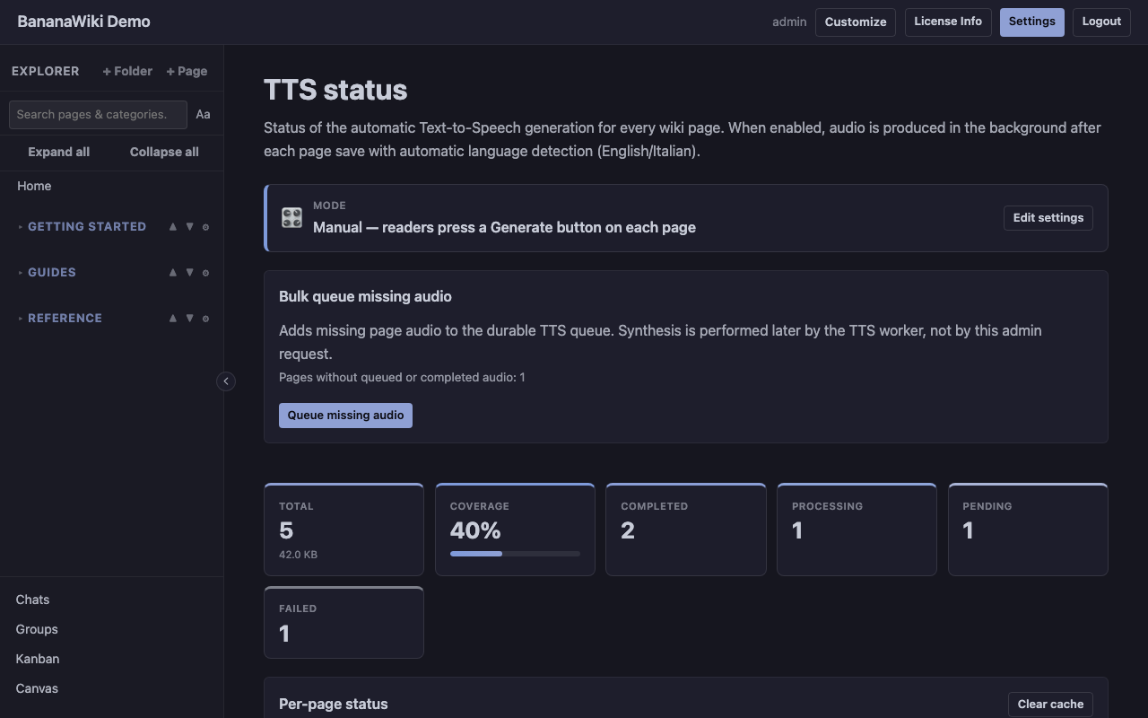 BananaWiki Text-to-Speech status dashboard with generation coverage and per-page rows