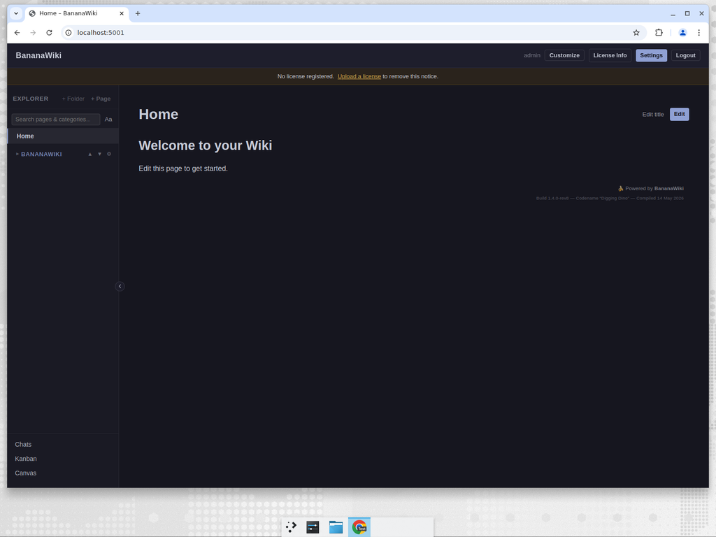 BananaWiki wiki home page showing the sidebar with page explorer, categories, and main content area